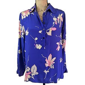 YUMI KIM Women's Joey Purple Blue Floral 100% Silk Collared Top Blouse Sz S